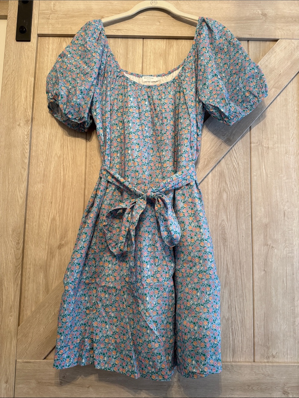 Minnow Floral Puff-Sleeve Blue Sundress with Waist Tie